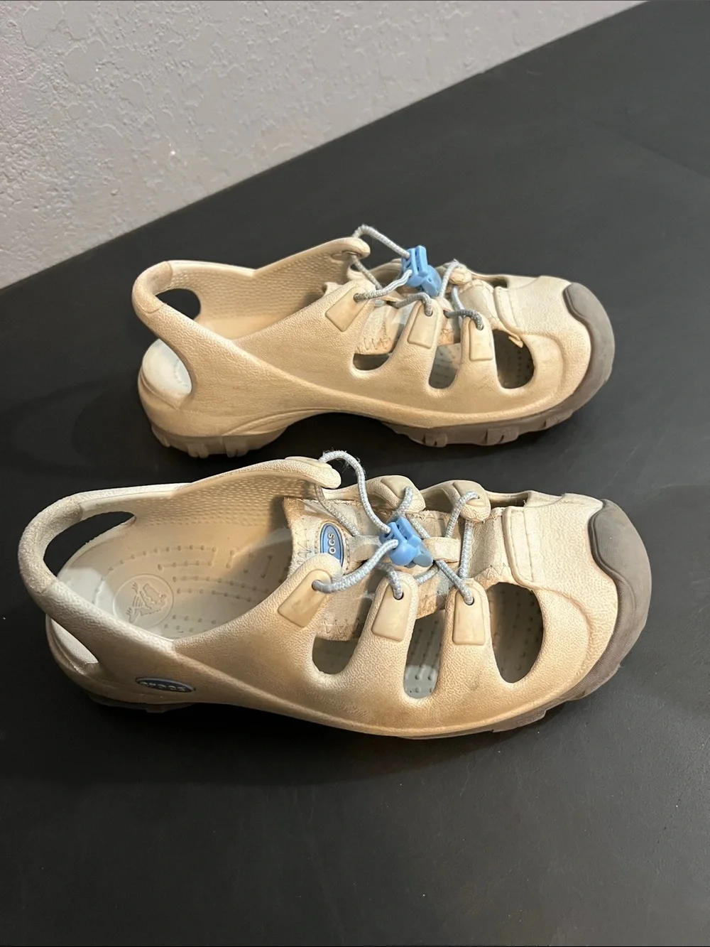CROCS Beige Water Shoes with Light Blue Accents